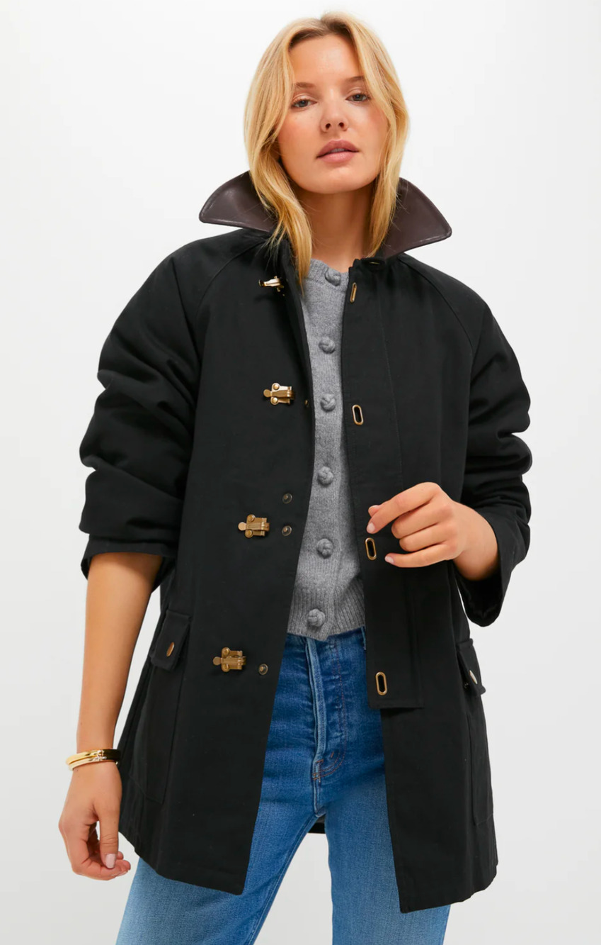 Tuckernuck Brodie Black Cotton Barn Jacket Coat With Brown Collar Size S NWT